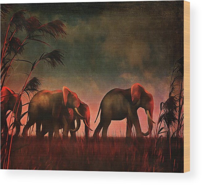 Africa Wood Print featuring the painting Elephants walking together by Jan Keteleer