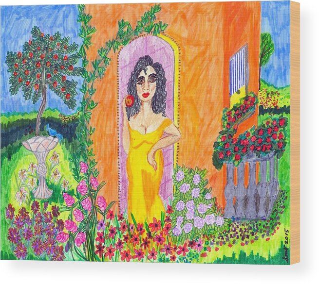 Folk Art Wood Print featuring the painting Evening at the Girl Cave by Stacey Torres