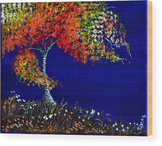 This Is An Acrylic Painting Of A Tree During A Wind Storm. The Strong Wind Is Causing The Tree And Limbs To Bend. The Grass Below And Flowers Are Also Bending Due To The Wind. I Used Many Bright Color's For The Leaves Of The Tree. The Color's I Selected Were Bright And Different Values. I Wanted To Create A Contrast Between The Leaves On The Tree. I Used A Bright Blue Color For A Great Contrast With The Tree And The Wild Flowers. This Is A Very Affordable Gift And Would Fit Any Decor. Wood Print featuring the painting Fall Color's by Martin Schmidt