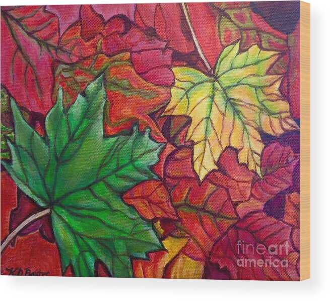 Nature Scene Collage Of Falling Fallen Leaves Gold Yellow Crimson Purple Eggplant Coral Orange Hot Pink Magenta Hunter Green Maple Leaves Acrylic Painting Wood Print featuring the painting Falling Leaves I Painting by Kimberlee Baxter