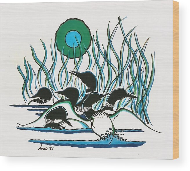 Nature Wood Print featuring the painting Family of Loons by Arnold Isbister