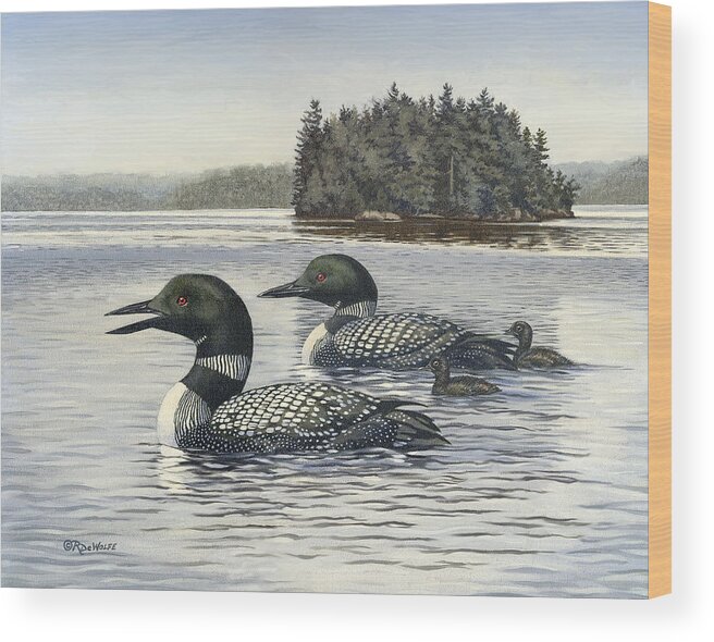 Common Loon Wood Print featuring the painting Family Outing by Richard De Wolfe