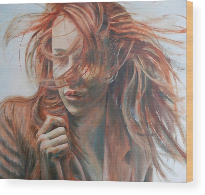 Woman Wood Print featuring the painting Feel the Wind by John Neeve