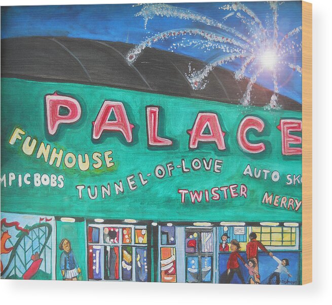 Asbury Park Art Wood Print featuring the painting Fireworks at the Palace by Patricia Arroyo