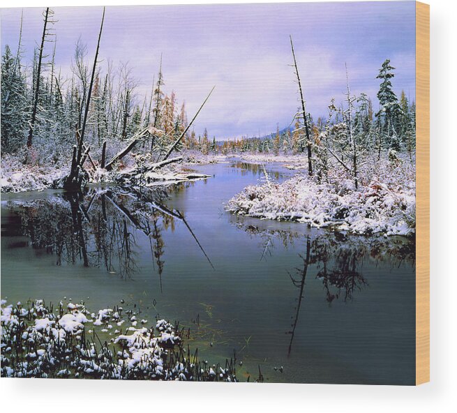 Landscape-snow-adirondack Mts Wood Print featuring the photograph First Snow by Frank Houck