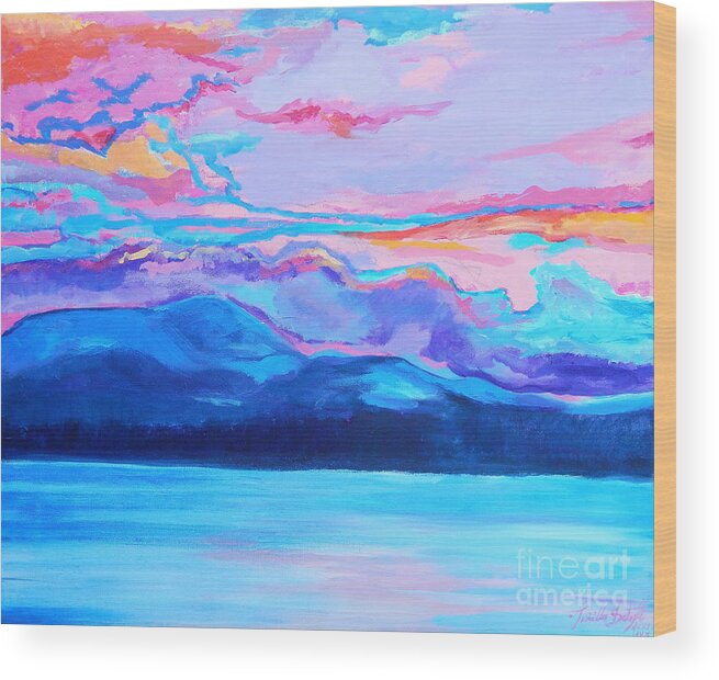 Dramatic Intense Brightly Colored Sunset Sky Wood Print featuring the painting Flagstaff lake winter sunset by Priscilla Batzell Expressionist Art Studio Gallery