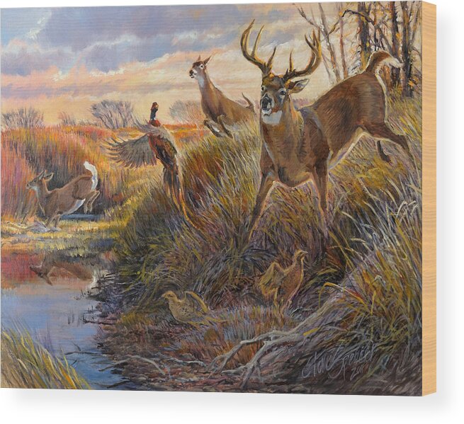 Whitetailed Deer Wood Print featuring the painting Flight by Steve Spencer