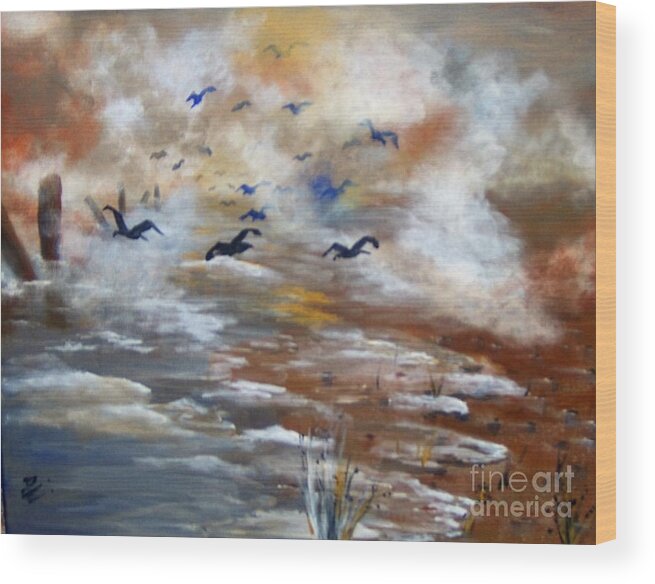 Birds Wood Print featuring the painting Foggy Beach by Saundra Johnson