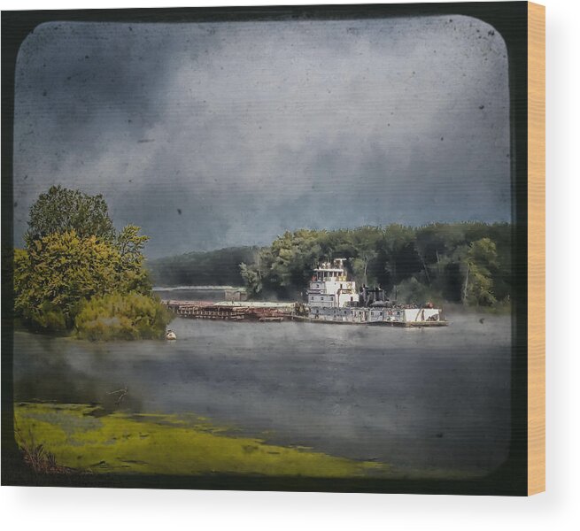 Landscape Wood Print featuring the photograph Foggy Morning at the Barge Harbor by Al Mueller