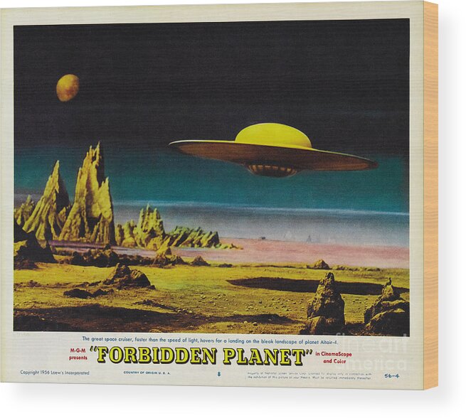 Forbidden Planet Wood Print featuring the painting Forbidden Planet in CinemaScope retro classic movie poster detailing flying saucer by Vintage Collectables