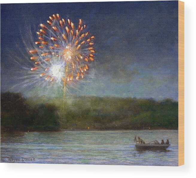 Fireworks Wood Print featuring the painting Fourth of July- Cazenovia Lake by Wayne Daniels