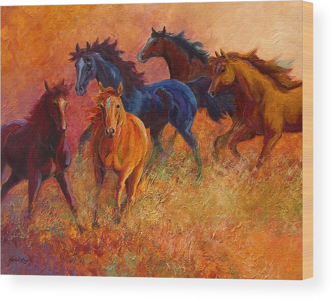 Horses Wood Print featuring the painting Free Range - Wild Horses by Marion Rose