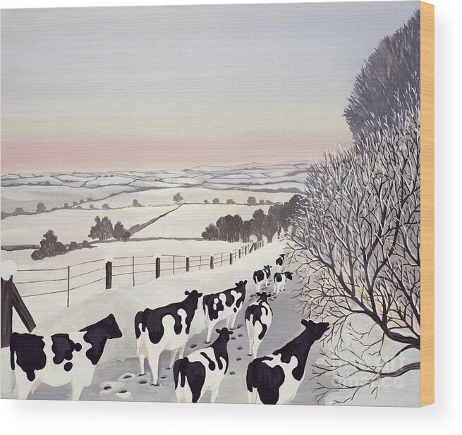 Fence Wood Print featuring the painting Friesians in Winter by Maggie Rowe