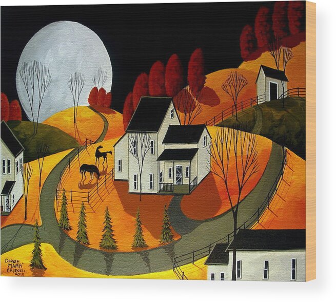 Landscape Wood Print featuring the painting Frisky Autumn Eve - a folkartmama - folk art by Debbie Criswell