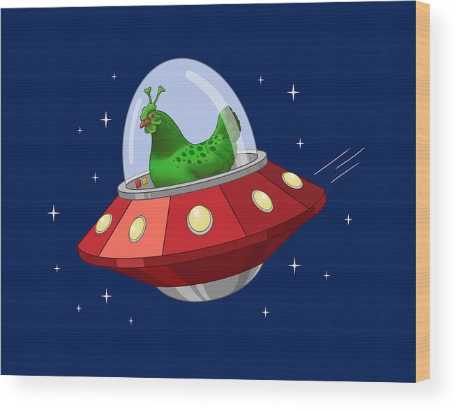 Aliens Wood Print featuring the painting Funny Green Alien Martian Chicken In Flying Saucer by Crista Forest