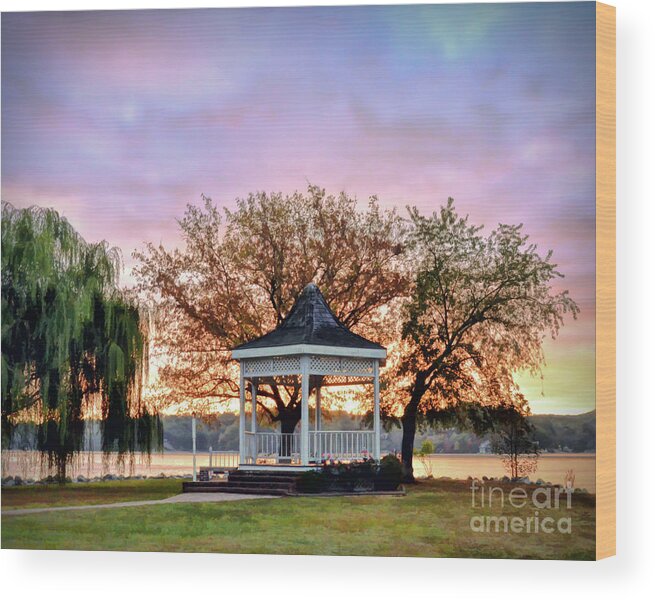 Claytor Lake Wood Print featuring the photograph Gazebo Sunrise at Claytor Lake by Kerri Farley