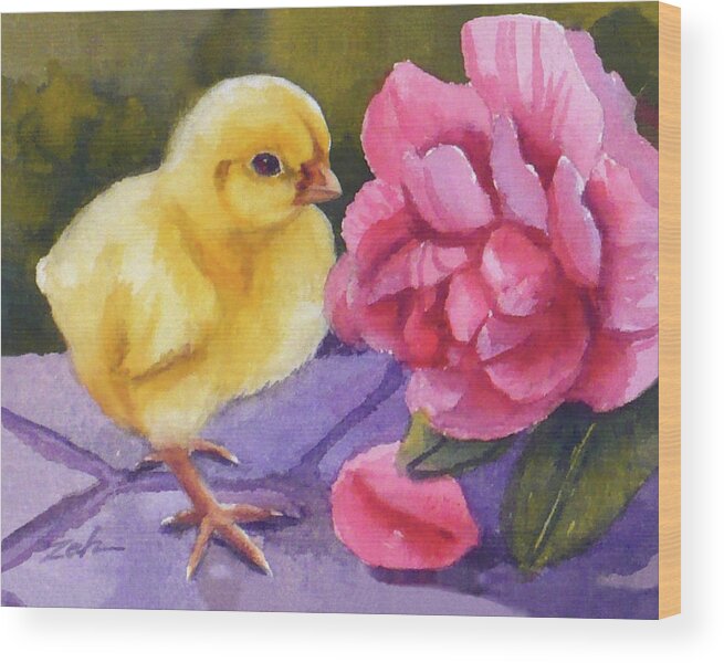 Baby Chick Wood Print featuring the painting Georgia and the Rose by Janet Zeh