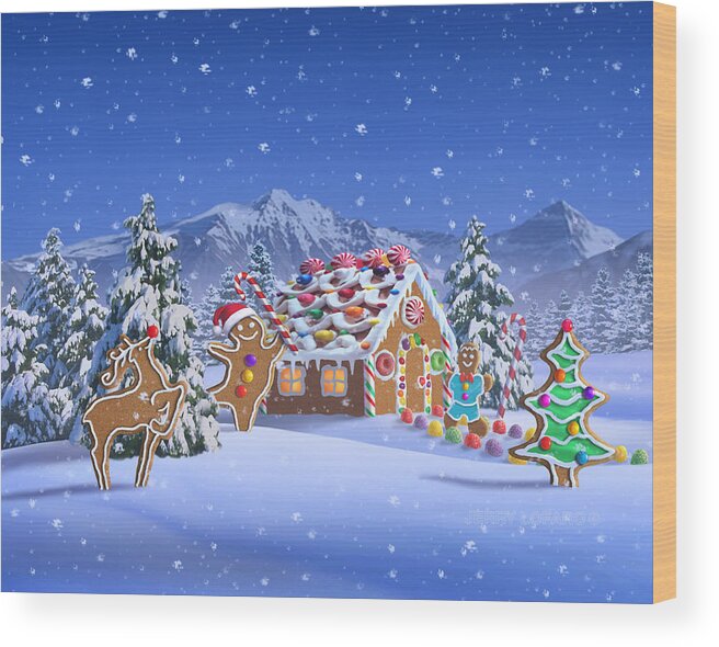 Christmas Wood Print featuring the digital art Gingerbread House by Jerry LoFaro