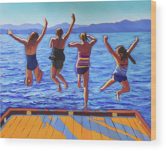 Girls Wood Print featuring the painting Girls Jumping by Kevin Hughes