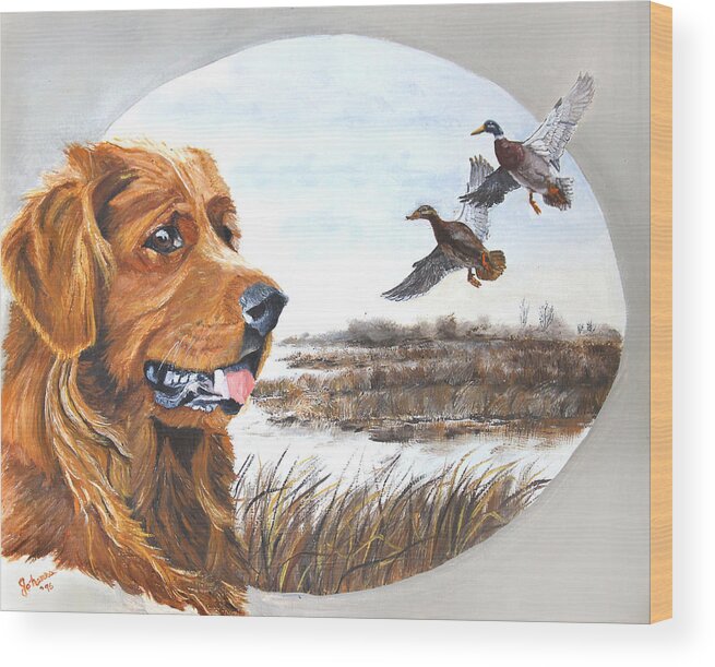 Pets Wood Print featuring the painting Golden Retriever with Marsh Scene by Johanna Lerwick