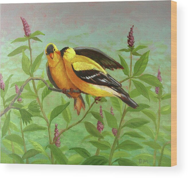 Yellow Wood Print featuring the painting Goldfinch Love by Don Morgan
