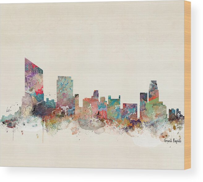 Grand Rapids City Skyline Wood Print featuring the painting Grand Rapids Michigan Skyline by Bri Buckley