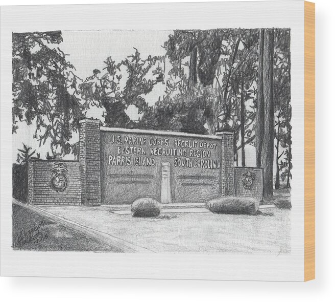 Graphite Wood Print featuring the painting Graphite Parris Island Welcome by Betsy Hackett