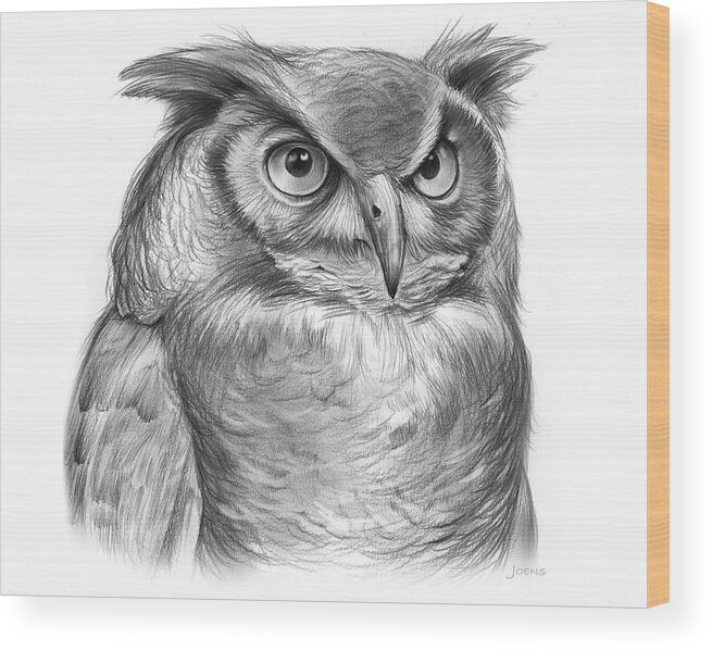 Owl Wood Print featuring the drawing Great Horned Owl by Greg Joens