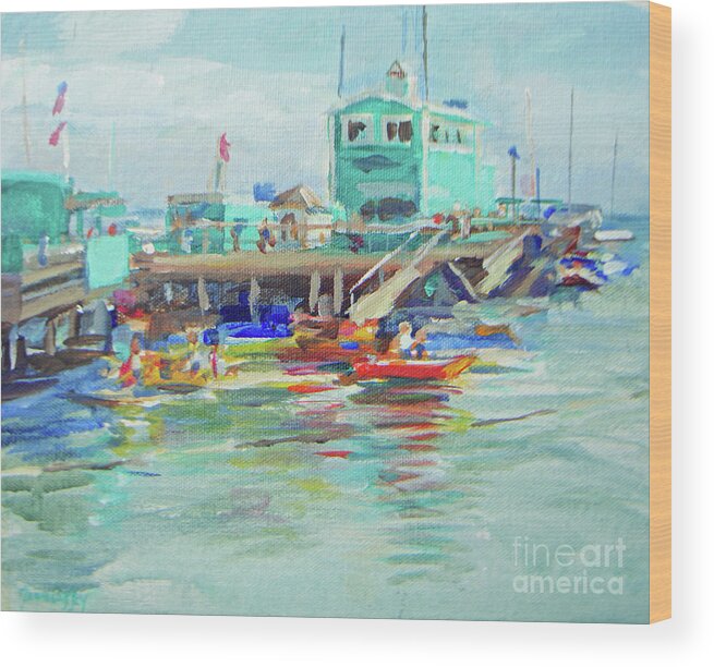 Catalina Wood Print featuring the painting Green Pier On A Summer Da by Joan Coffey