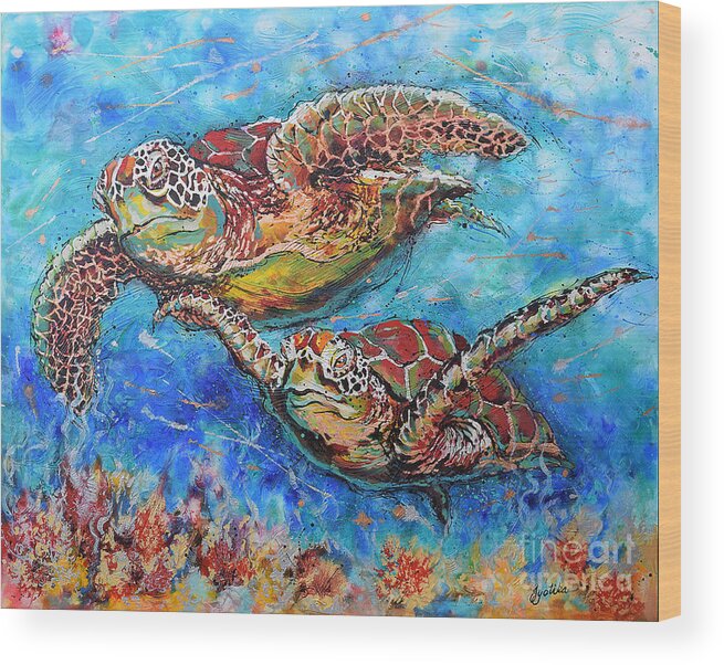 Marine Turtles Wood Print featuring the painting Green Sea Turtles by Jyotika Shroff