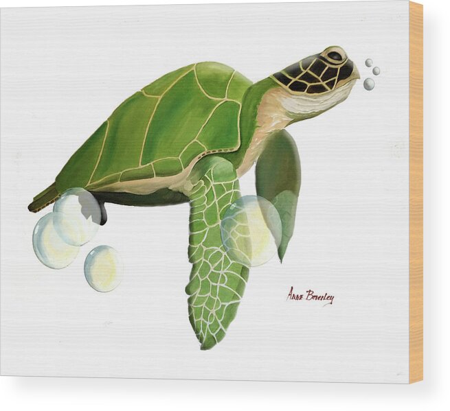Green Turtle Wood Print featuring the painting Green Turtle by Anne Beverley-Stamps