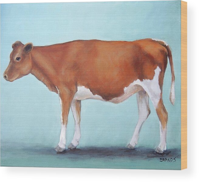 Guernsey Cow Wood Print featuring the painting Guernsey Cow Standing Light Teal Background by Dottie Dracos