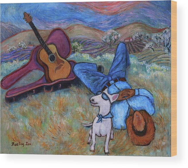 Figurative Wood Print featuring the painting Guitar Doggy and Me in Wine Country by Xueling Zou