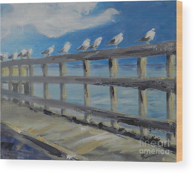 Seaside Wood Print featuring the painting Gulls in Line by Deborah Ferree