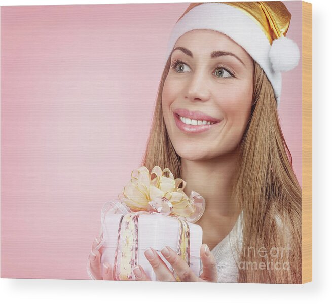 Adult Wood Print featuring the photograph Happy girl with Christmas gift by Anna Om