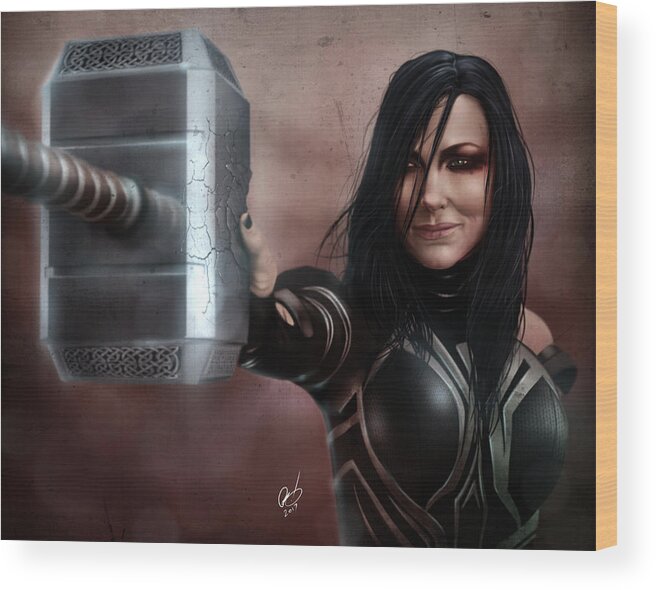 Marvel Wood Print featuring the painting Hela by Pete Tapang