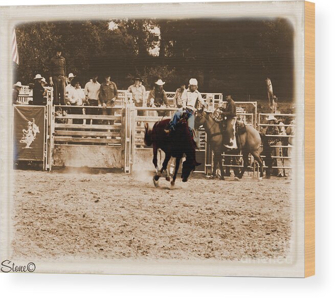 Sepia Wood Print featuring the photograph Helluva Rodeo-The Ride 2 by September Stone