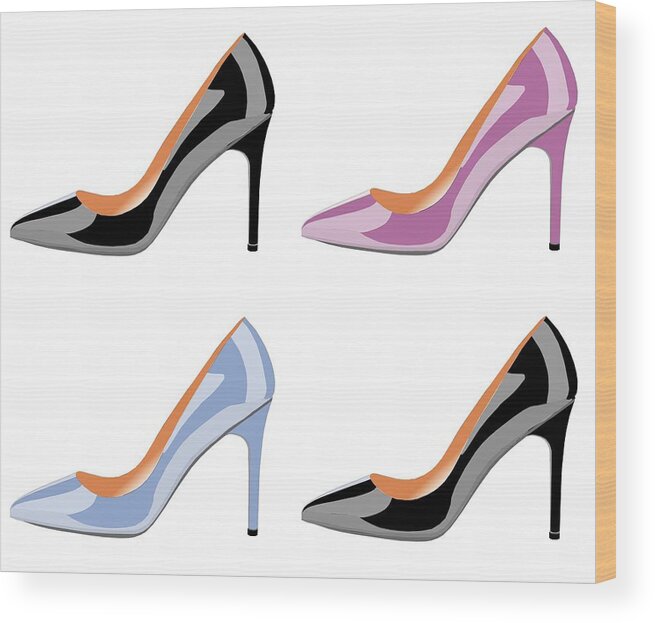 Shoe Wood Print featuring the digital art High heel shoes in black,serenity blue and bodacious pink by David Smith