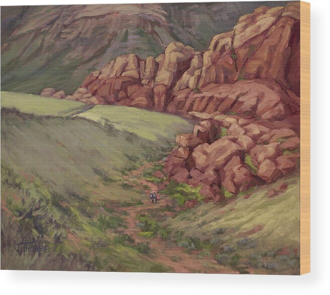 Canyon Wood Print featuring the painting Hikers Red Rock Canyon by Jane Thorpe