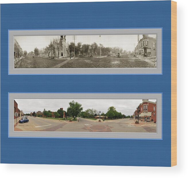 Historic Panorama Panoramic Reproduction Old New Now Then Grinnell Iowa No 1 Wood Print featuring the photograph Historic Grinnell Iowa Panoramic Reproduction No 1 by Ken DePue