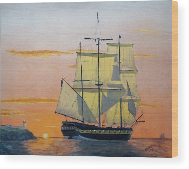 Tallship Wood Print featuring the painting HMS Surprise at Battlestations by Mike Jenkins