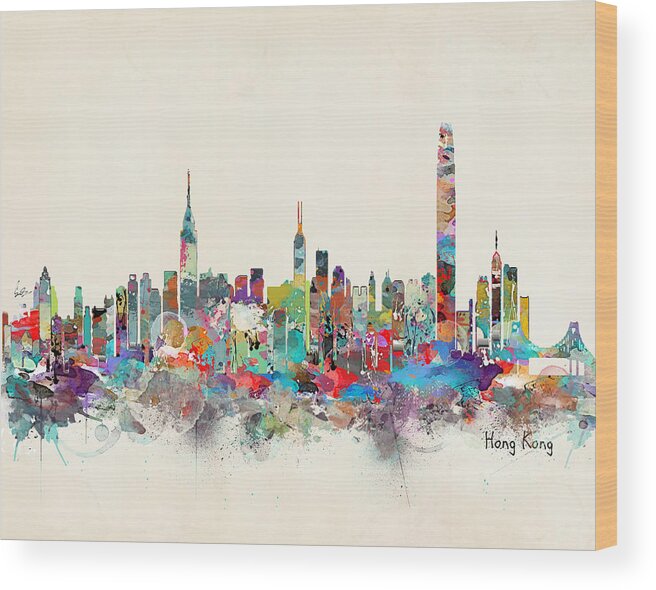Hong Kong Skyline Wood Print featuring the painting Hong Kong Skyline by Bri Buckley
