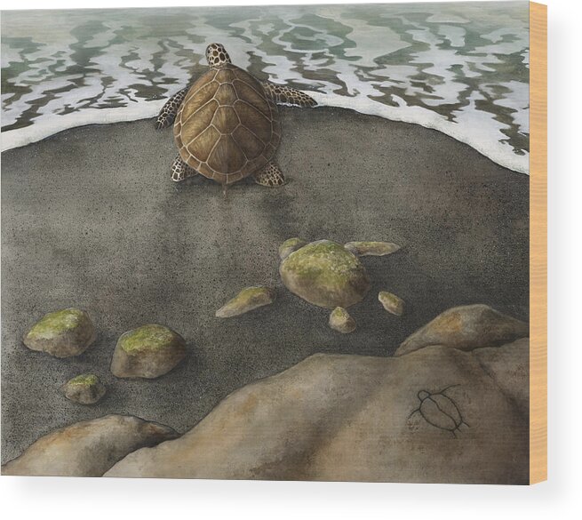 Ocean Wood Print featuring the painting Honu Beach by Kirsten Carlson