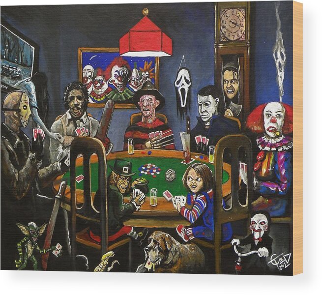 Horror Wood Print featuring the painting Horror Card Game by Tom Carlton