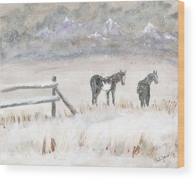 Horses Wood Print featuring the painting Horses in Snow by Sheila Johns