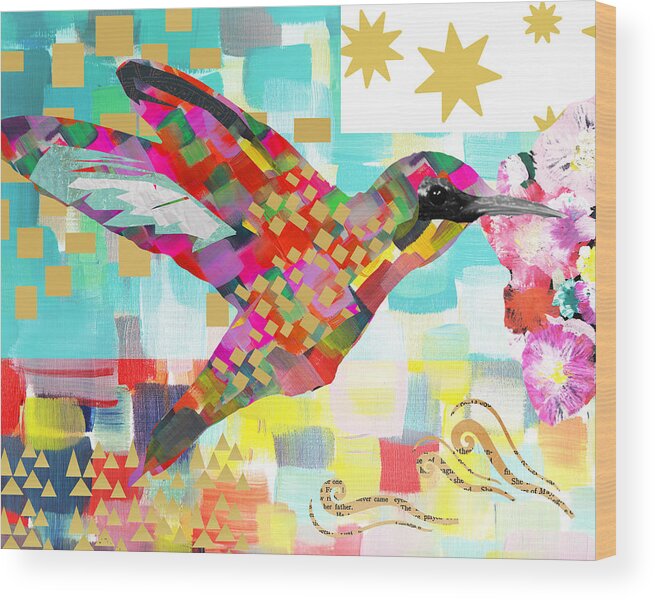 Humming Bird Collage Wood Print featuring the mixed media Humming Bird by Claudia Schoen