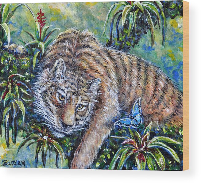 Nature Tiger Rainforest Butterfly Wood Print featuring the painting In The Eye Of The Tiger by Gail Butler