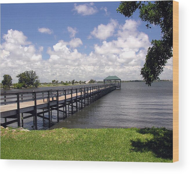 Indialantic; Pier; Florida; Brevard; Melbourne; Indian; River; Intercoastal; Waterway; Clouds South; Wood Print featuring the photograph Indialantic Pier On The Indian River Lagoon In Central Florida by Allan Hughes