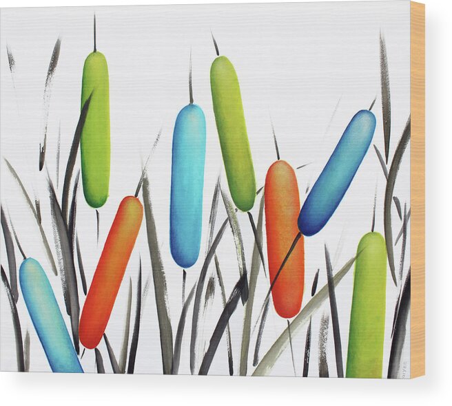 Colorful Cattails Wood Print featuring the painting It's A Beautiful Day by Oiyee At Oystudio