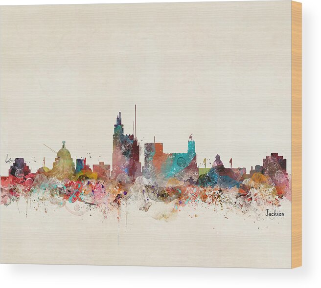 Jackson Mississippi Wood Print featuring the painting Jackson Mississippi Skyline by Bri Buckley